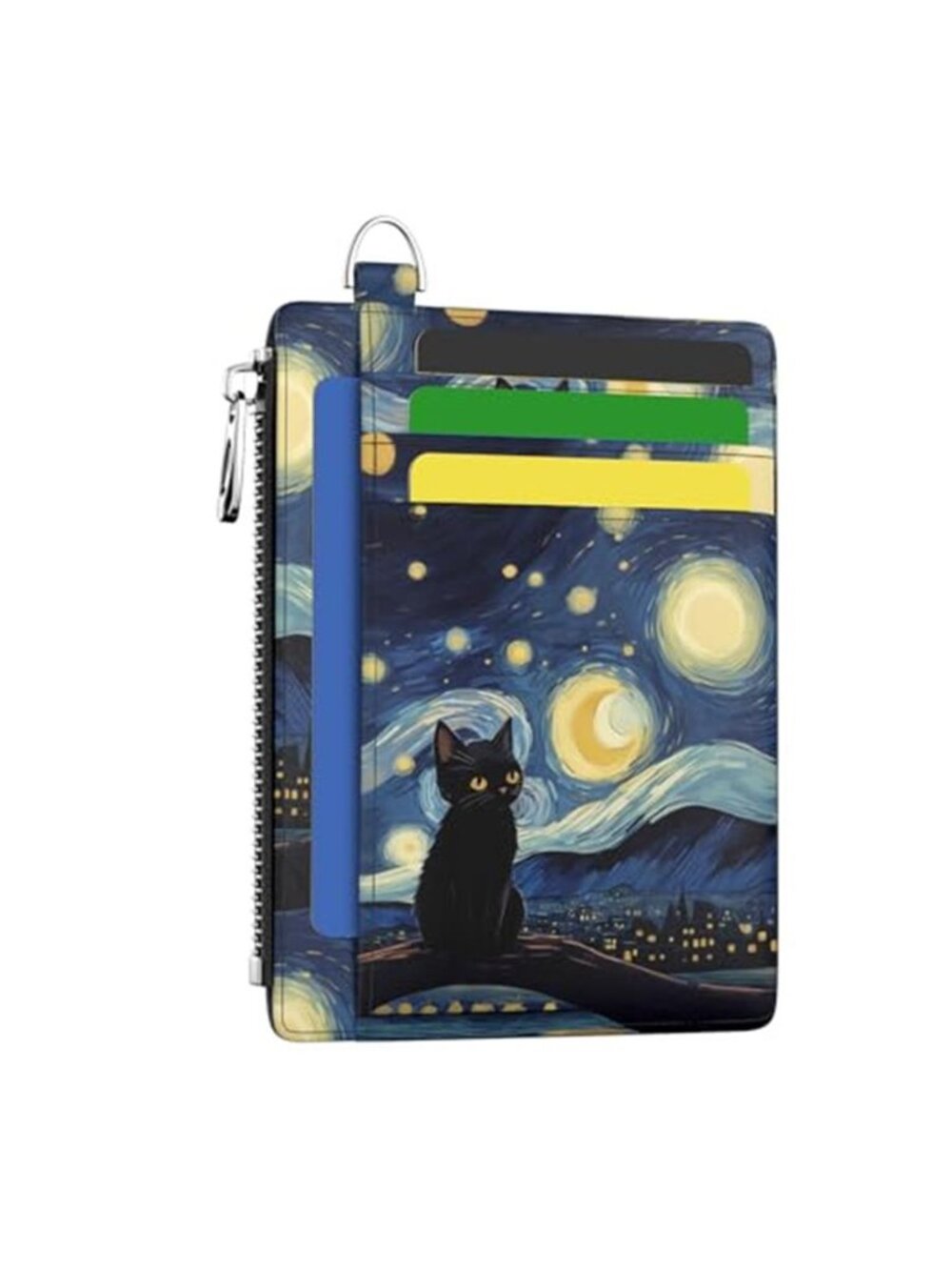 Black Cat Starry Night RFID Card Holder Wallet Coin Purse Keychain Slim Case
